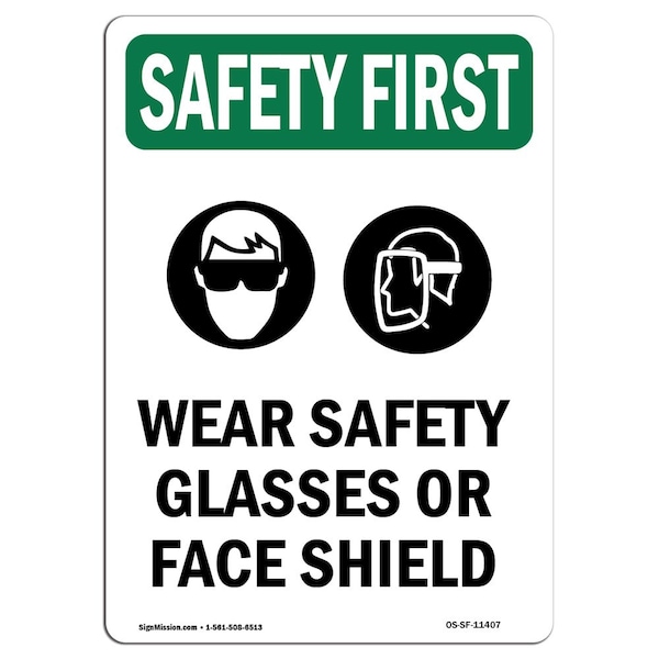 OSHA Sign, Wear Glasses W/ Symbol, 24in X 18in Rigid Plastic, 18" W, 24" H, Portrait